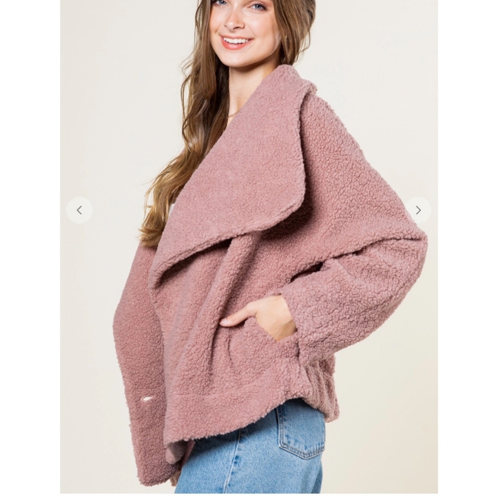 NEW IN By VERY J Nordstrom Cozy Chic Mauve Sherpa Oversized Teddy Coat Jacket - Picture 2 of 8